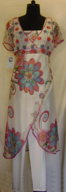 White Draped Printed Chiffon Suit With Churidar White Draped Printed Chiffon Suit With Churidar