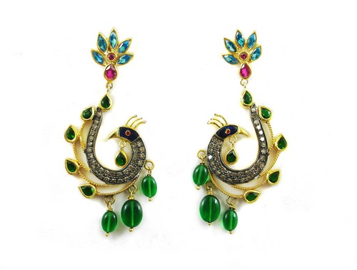 9.18 CT REAL DIAMOND CREATED RUBY EMERALD AND MEENA WORK PEACOCK VICTORIAN EARRINGS 9.18 CT REAL DIAMOND CREATED RUBY EMERALD AND MEENA WORK PEACOCK VICTORIAN EARRINGS
