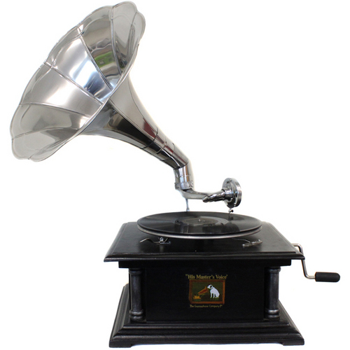 Antique Replica Wooden Gramophone With Large Silver Metal Horn Antique Replica Wooden Gramophone With Large Silver Metal Horn