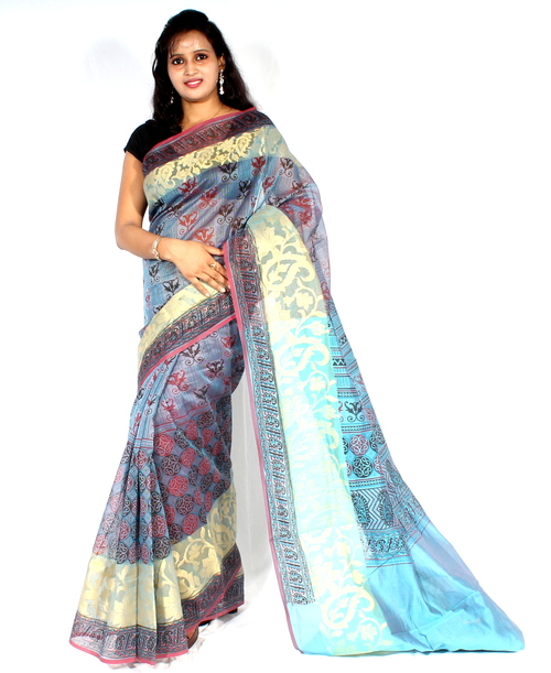 Supernet Fancy Printed Pallu Zari Border Saree Supernet Fancy Printed Pallu Zari Border Saree