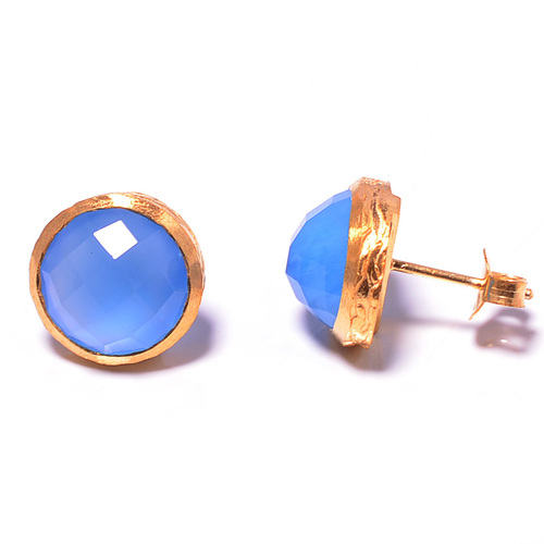 925 sterling Silver Bezel Set Blue Chalcedony Gemstone Stud Earring-Gold Vermeil 925 sterling Silver Bezel Set Blue Chalcedony Gemstone Stud Earring-Gold Vermeil