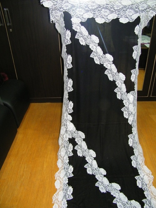 Cashmere Black Stole With White French Lace Cashmere Black Stole With White French Lace