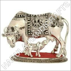 White Metal Kamdhenu Cow Calf Statue White Metal Kamdhenu Cow Calf Statue