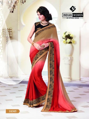 Satin Silk Beige And Red Heavy Border Party Wear Saree Satin Silk Beige And Red Heavy Border Party Wear Saree