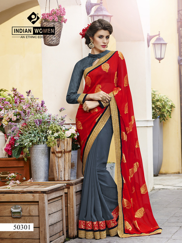Jacquard & Georgette Red And Grey Party Wear Online Sarees Jacquard & Georgette Red And Grey Party Wear Online Sarees