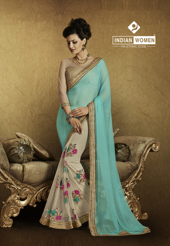Half And Half Flower Print Saree Half And Half Flower Print Saree