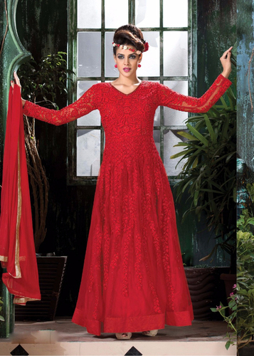 Red Embroidered Soft Net Semi-Stitched Gown With Dupatta Red Embroidered Soft Net Semi-Stitched Gown With Dupatta