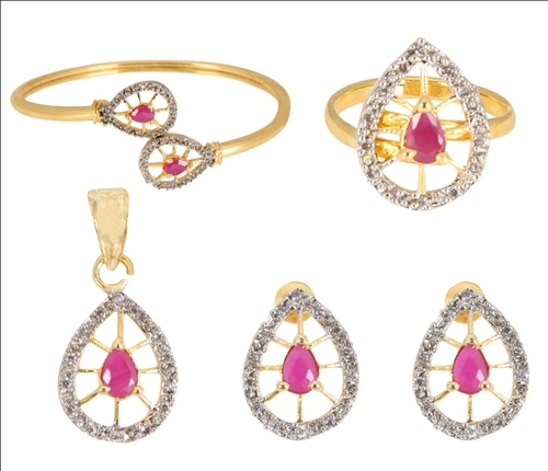 Adoreva Gold Red Alloy CZ Stone Ruby Pendant,Earrings,Finger Ringand Kadaa Combo Set For Women Adoreva Gold Red Alloy CZ Stone Ruby Pendant,Earrings,Finger Ringand Kadaa Combo Set For Women