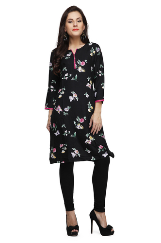 Rayon printed kurta w/banarasi trim Rayon printed kurta w/banarasi trim