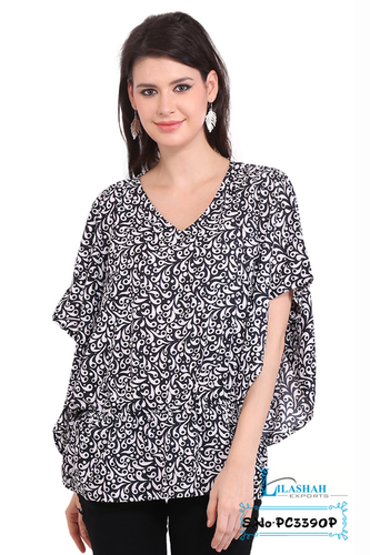 Poly Crepe Printed Black Balloon Short Sleeve Round Neck Top Poly Crepe Printed Black Balloon Short Sleeve Round Neck Top